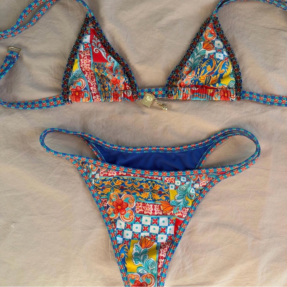 Multicolor Floral Tile Print Triangle Bikini Set - Women Swim